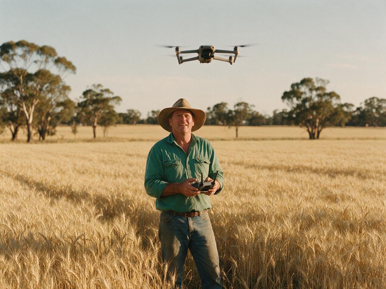 Farmer using a drone in a wheat field